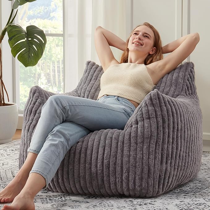 Giant Bean Bag Chairs for Adults with Filling Plush Fluffy Bean Bag Chairs for Teens with Armrests Comfy BeanBag Lazy Couch Sofa Chair for Bedroom Living Room Reading (Dark Gray2, M-for Teens/Adults)-Ruum Studio Home