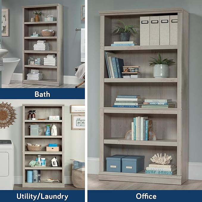 Sauder 5 Tier Book Shelf Wooden Bookcase Multipurpose Bookshelf for Home Office, Living Room, in Chalked Chestnut-Ruum Studio Home