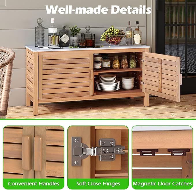 Goplus Patio Storage Cabinet, 2-Door Acacia Wood Storage Container with Faux Marble Top, Outdoor Wooden Sideboard for Deck, Garden, Lawn and Backyard-Ruum Studio Home