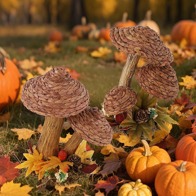 winemana 2 Pack Mushroom Fall Decor - Handmade Woven Mushrooms Figurines, Rustic Farmhouse Table Centerpieces for Thanksgiving, Autumn Home, Shelf & Kitchen Decor-Ruum Studio Home