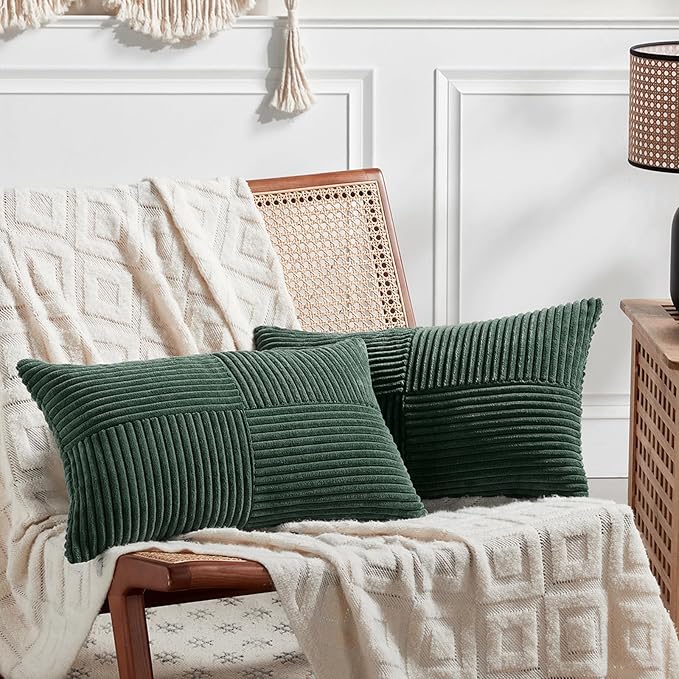 Fancy Homi Set of 2 Dark Green Long Lumbar Decorative Throw Pillow Covers 12x24 Inch for Living Room Couch Bed, Boho Farmhouse Forest Green Home Decor, Soft Corduroy Corss Textured Cushion Cas-Ruum Studio Home