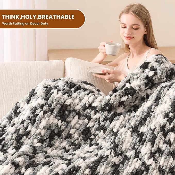 L'AGRATY Chunky Knit Blanket Throw: 50''x60'' Chenille Chunky Knitted Throw Blankets for Bed Couch - Handmade Thick Cable Knit Blanket - Large Crochet Rope Blankets for Home Decor-Ruum Studio Home