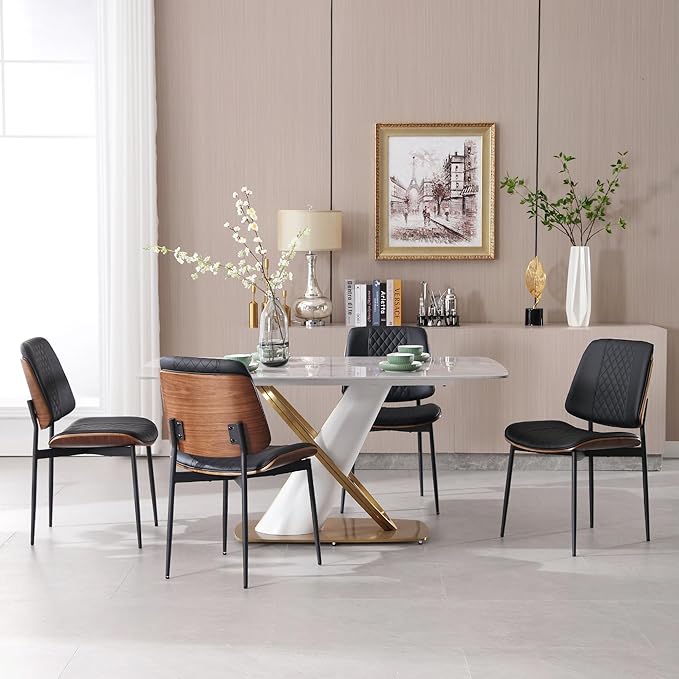 BV Dining Chairs Set of 4, PU Leather Armless Kitchen Chair in Modern Walnut Style, Mid Century Bentwood Side Chair with Metal Legs, Retro Accent Guest Chair for Kitchen Dining Room(Black)-Ruum Studio Home