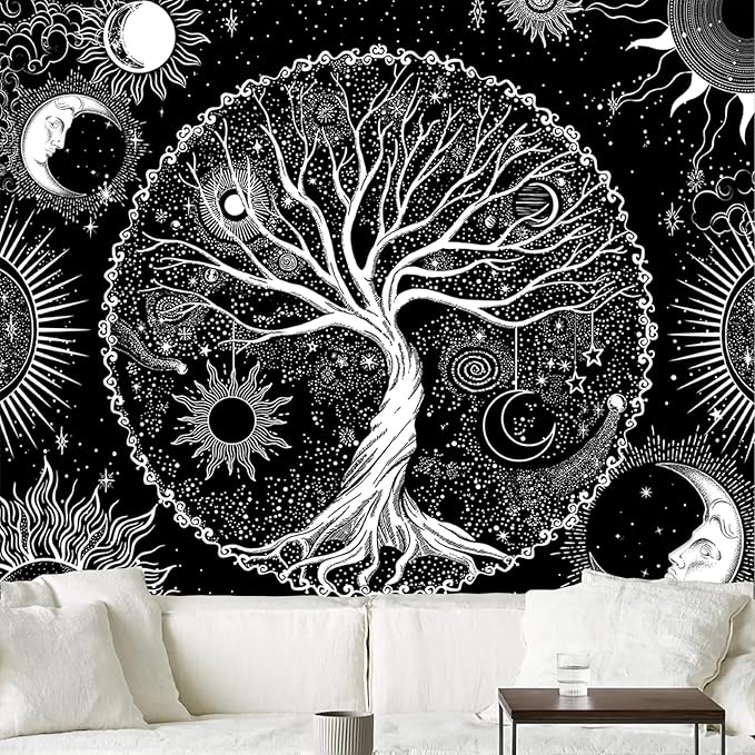 AACKart Tree of Life Tapestry for Bedroom Aesthetic Room Decor-Black and White Spiritual Tree Tapestry Wall Hanging with Sun Moon Star 78.7×59.1 inches-Ruum Studio Home