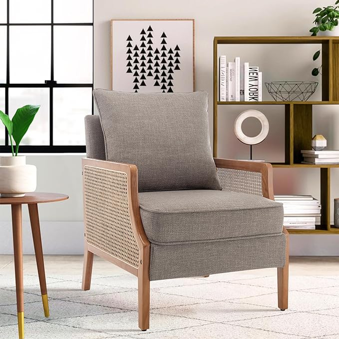 HAOBO Home Mid Century Modern Accent Chair Upholstered Living Room Chairs Armchair with Rattan Armrest Comfy Reading Chair with Wood Frame Lounge Side Chair with Waist Cushion-Ruum Studio Home