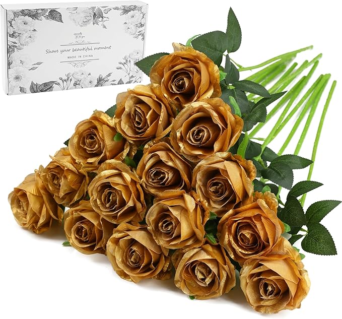 Gold Fake Roses Artificial Flowers - 16 Pcs Fake Artificial Roses Silk Flowers with Stems for Home Wedding Hotel Office Centerpiece Decor-Ruum Studio Home