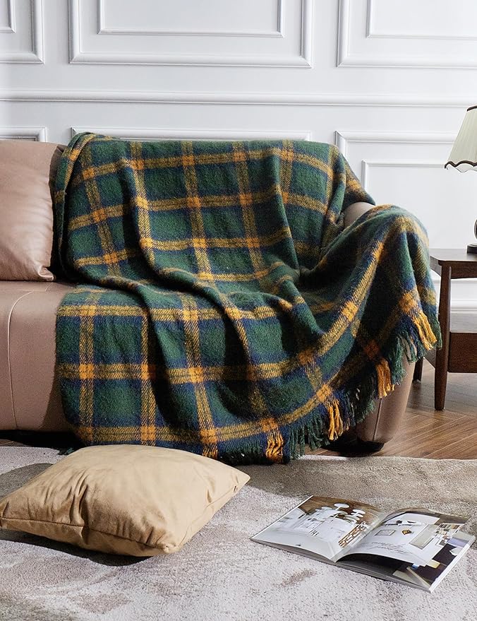 ZonLi Green Plaid Throw Blanket for Couch, Fall Plaid Blanket for Home Decor, Soft Lightweight Cozy All Season Decorative Vintage Blankets with Tassel for Bed and Sofa, 50'' x 60''-Ruum Studio Home