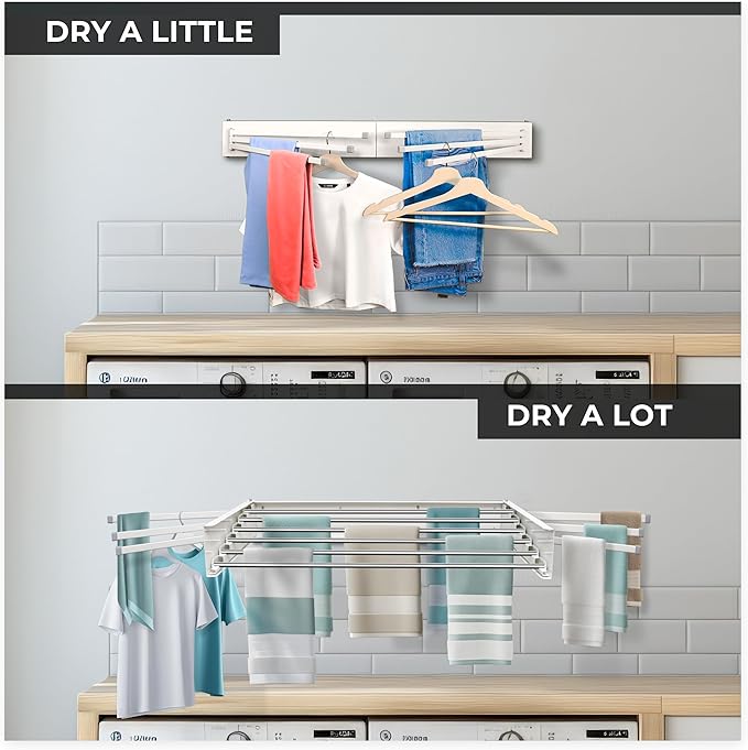 MODERN-X Wall Mounted Clothes Drying Rack with 6 Swivel arms, 35”Wide, 26 Linear ft of Laundry Drying Rack Space, 6 Collapsible Aluminum rods, 2X Drying Capacity, Space Organizer Holds up to 60lbs-Ruum Studio Home