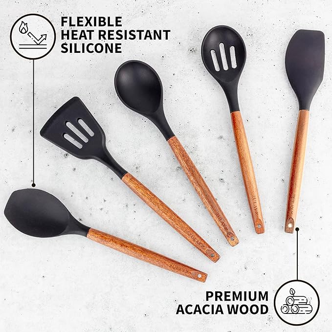 Zulay Kitchen Non-Stick Cooking Utensils Set with Authentic Acacia Wood Handles – 5-Piece Durable & Stylish Silicone Kitchen Utensils Set – Heat Resistant to 464°F – Black-Ruum Studio Home