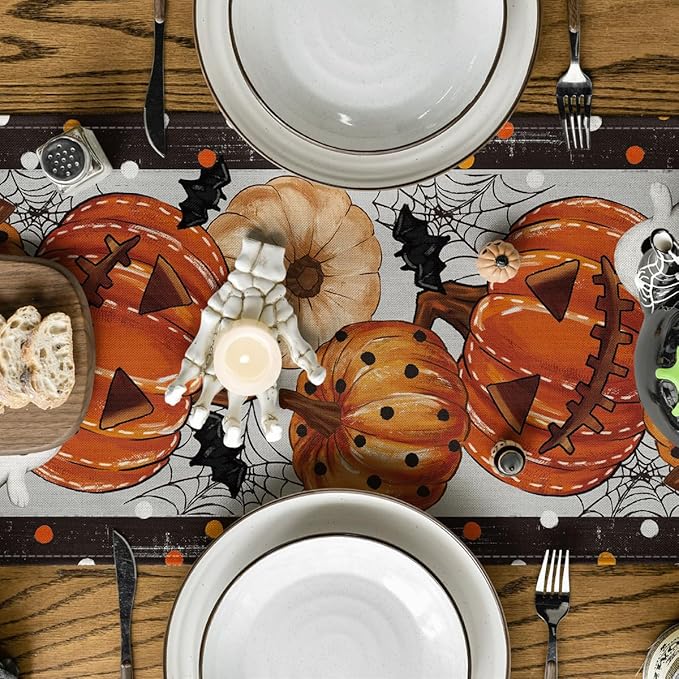Artoid Mode Jack-O'-Lantern Pumpkin Ghost Spider Web Halloween Table Runner,Holiday Kitchen Dining Table Decoration for Home Party Decor 13 x 48 Inch-Ruum Studio Home