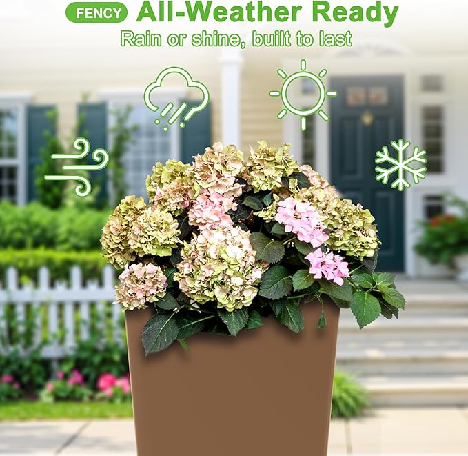FENCY Set of 2 Tall Planters for Outdoor Plants, 24 Inch Large Tapered Pots with Drainage Trays, Weather-Resistant Plastic Plant Containers for Patio, Porch, Garden, Front Door Decor,Brown-Ruum Studio Home