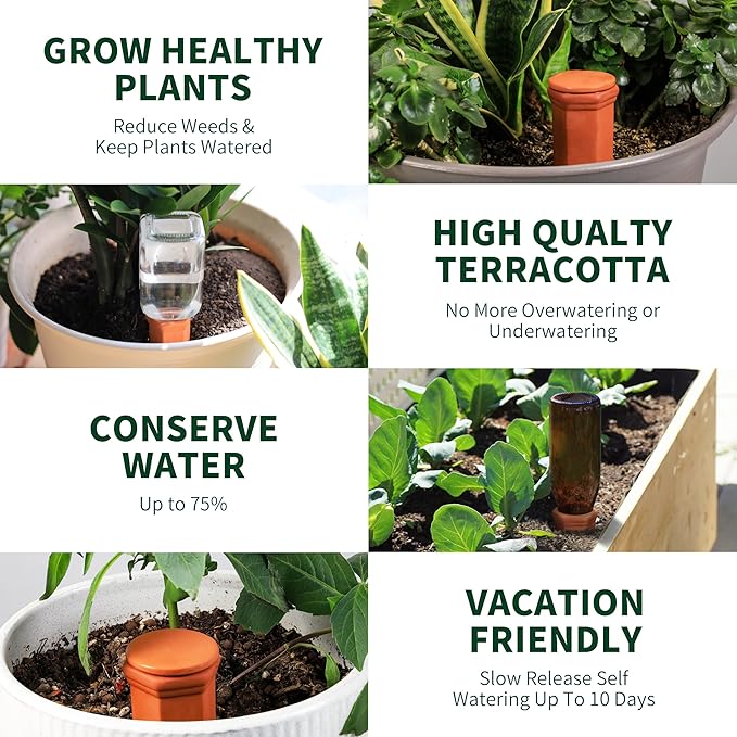 Large Terracotta Watering Spikes with Lids, Automatic Plant Waterer Outdoor | Indoor, Vacation Friendly Clay Plant Watering Devices System, Slow Release Self Watering Planter Insert, 6 Pack-Ruum Studio Home
