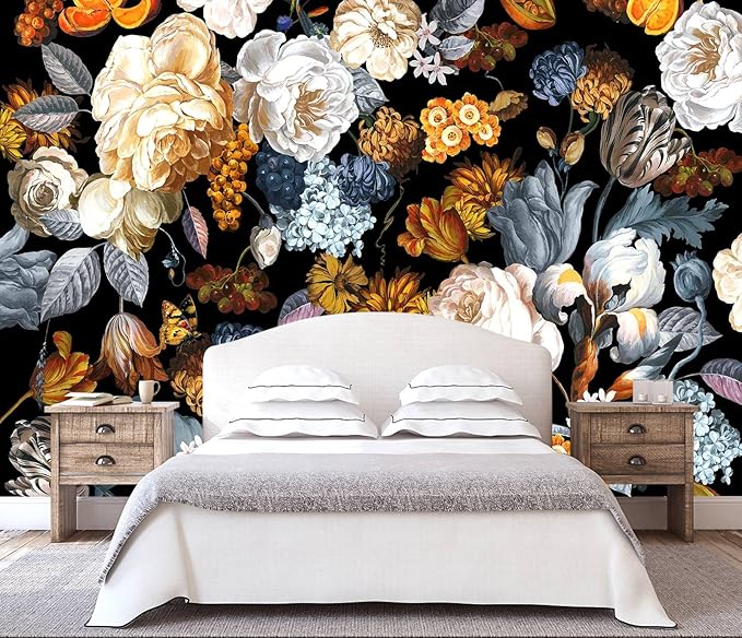 WFBHUA-Black and Gold Floral Wallpaper for Bedroom Vintage Blue Peony Flower Wall Mural (Not Peel and Stick)-Ruum Studio Home