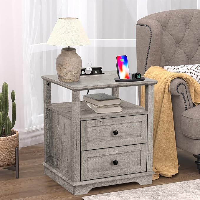 HIFYOBRO End Table with 2 Drawers and Charging Station, Type-C & USB Port & Power outlets, Wooden Storage Cabinet, Large Side Table with Storage for Living Room and Bedroom-Ruum Studio Home