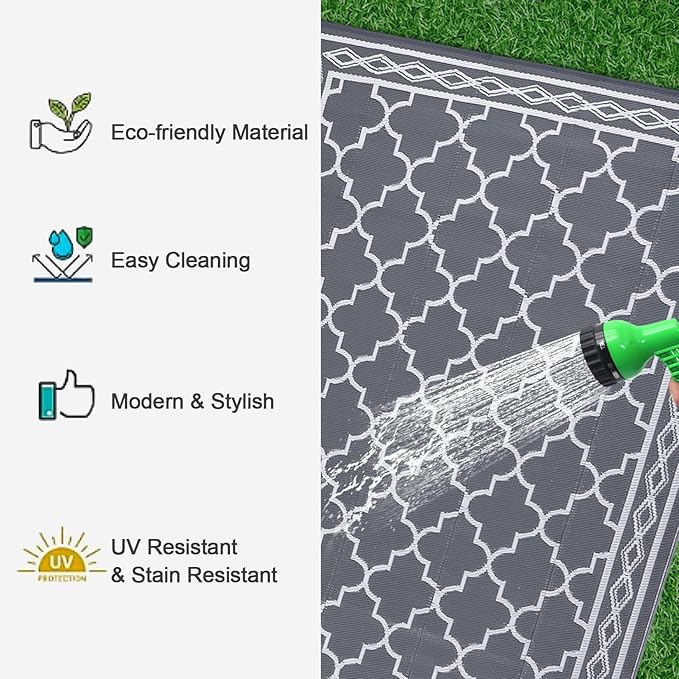 GAOMON Outdoor Rugs Patio Camping Waterproof Rug 6'x9' Plastic Straw Patio Rug Portable for Campers, Outside RVs Mat for Patios Clearance, Backyard Porch, Balcony, Grey/White(Geometric)-Ruum Studio Home