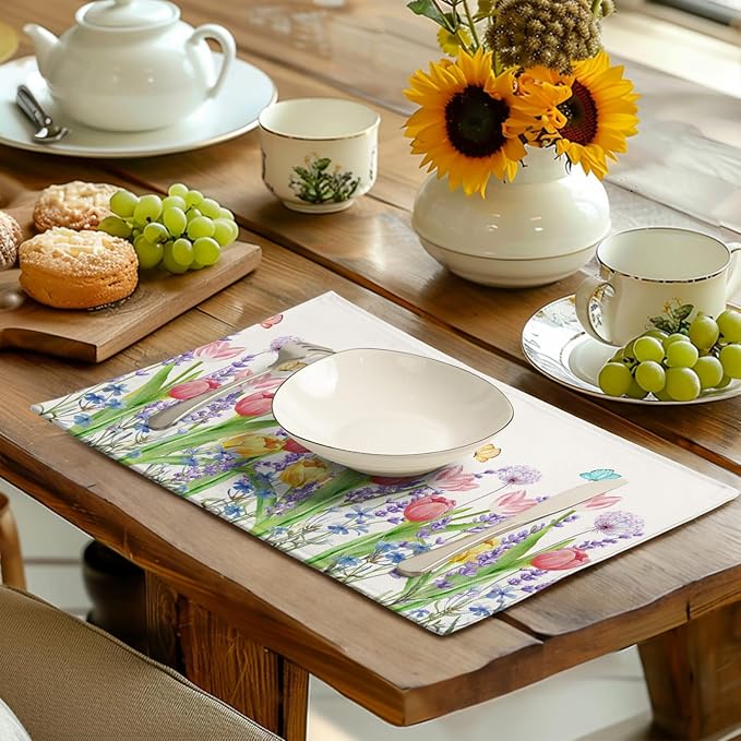 Tulip Placemats Set of 4 Spring Summer Flowers Tulips Lavender Place Mats Watercolor Floral Dandelion Butterfly Non-Slip Heat Resistant Washable Linen Table Mats for Dining Table Kitchen Decor-Ruum Studio Home