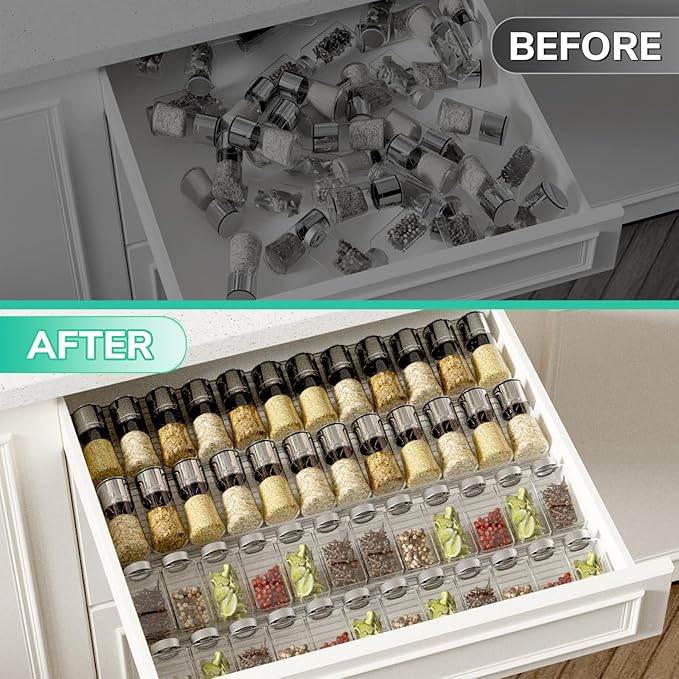 AMBIRD Spice Drawer Organizer, 4 Tier-2 Set Clear Spice Rack Tray Expandable From 11'' to 22'', Seasoning Organizer with non-slip tape for Kitchen, Cabinet, Drawers, Countertop(JARS NOT INCLUDED)-Ruum Studio Home