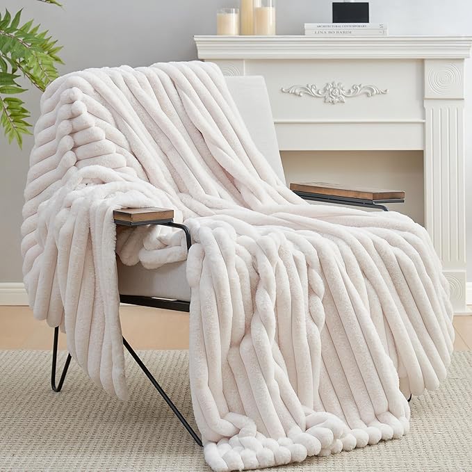 Amélie Home Faux Fur Throw Blanket for Couch, Cozy Fuzzy Fluffy Fur Luxurious Soft Striped Plush Gift Blankets for Family Sofa Chair Bed Living Room Bedroom, 60"x80", Ivory-Ruum Studio Home