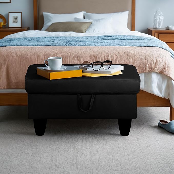 Ottoman Rectangular Storage Ottoman Bench, Flannel Footrest Stool Footstool with Lid for Living Room, Bedroom, Entryway, Black, 28.5"x19"x17.5"-Ruum Studio Home