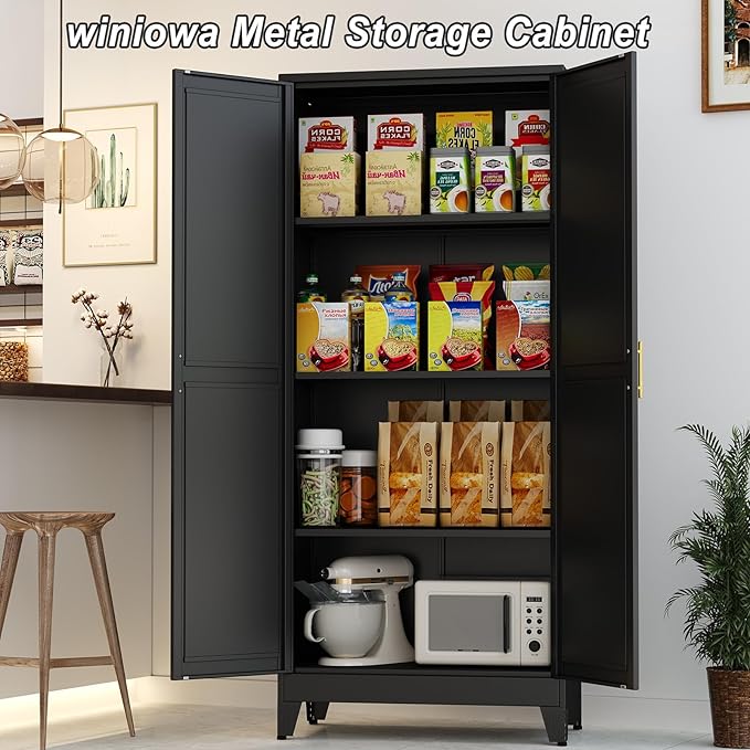 Metal Pantry Cabinet with 2 Doors and Adjustable Shelves, 61"Kitchen Storage Cabinet with Gold Handles, Versatile Storage for Laundry, Living, Bathroom, Dining, Utility Room - Black-Ruum Studio Home