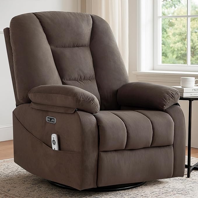 Power Swivel Rocker Recliner Chair for Adults,Rocking Recliners Chairs with Massage and Heat for Living Room, Electric Fabric Reclining Sofa Chair with USB and Type-C Port (Fabric Brown)-Ruum Studio Home