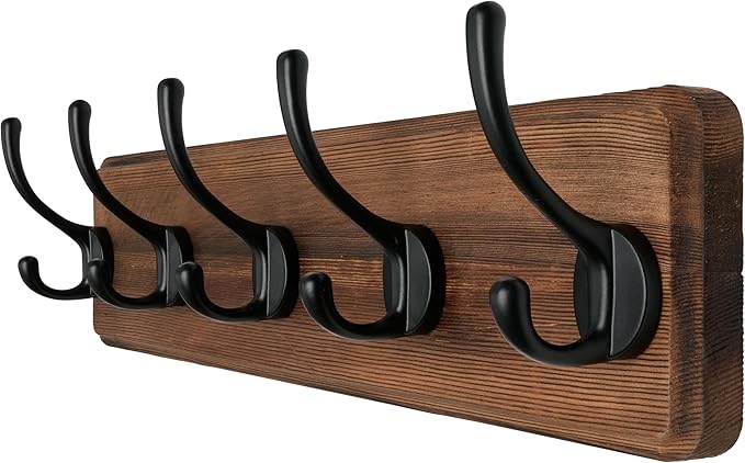 Dseap Wall Mounted Coat Rack: Patented, Heavy-Duty, 17.4" Long 5-Double-Hooks Wooden Hanger Rail for Winter Coats, Hat, Jacket, Clothing - Natural & Black-Ruum Studio Home