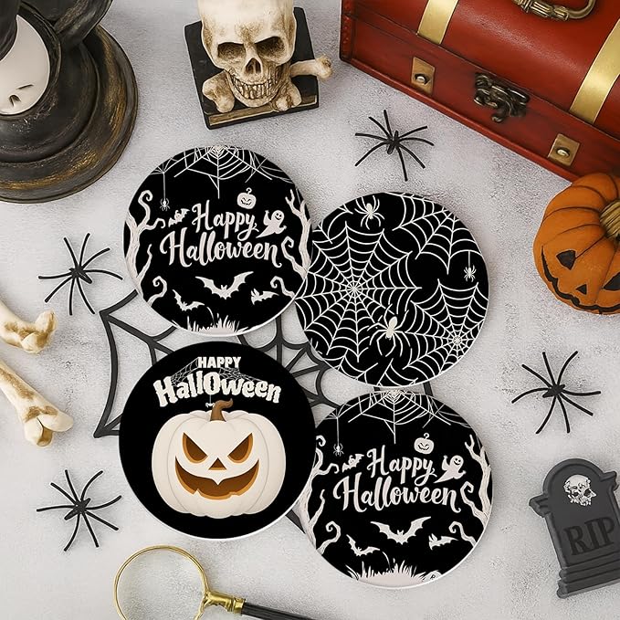 Coaster for Drinks Set of 6, Happy Halloween Pumpkin Spider Web Black Absorbent Round Ceramic Stone Mat, with Cork Base and Metal Holder, Gift for Housewarming Room Bar Decor-Ruum Studio Home