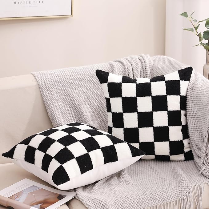 Alysheer Checkered Embroidered Decorative Throw Pillow Covers 18"x 18" Set of 2, Farmhouse Cottage Black White Plaid Tufted Patterned Cotton Canvas Cushion Case for Sofa Couch Bed Living Room-Ruum Studio Home