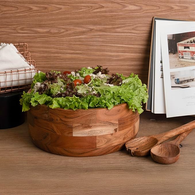 Luxe Designs 12" Wooden Salad Bowl Set with Serving Utensils Eco-Friendly, Multipurpose Mixing & Serving Bowl for Salads, Pasta, Fruits & More – Durable & Stylish Kitchen Essential-Ruum Studio Home
