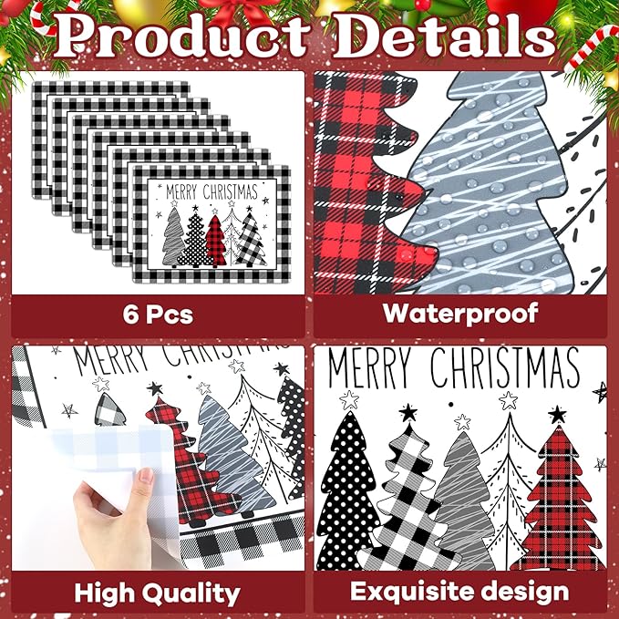 Christmas Placemats Set of 6 Christmas Tree Plastic Table Mats Xmas Trees Black and White Buffalo Plaid Place Mats Winter Holiday Table Decoration for Indoor Outdoor Party Kitchen Dining-Ruum Studio Home