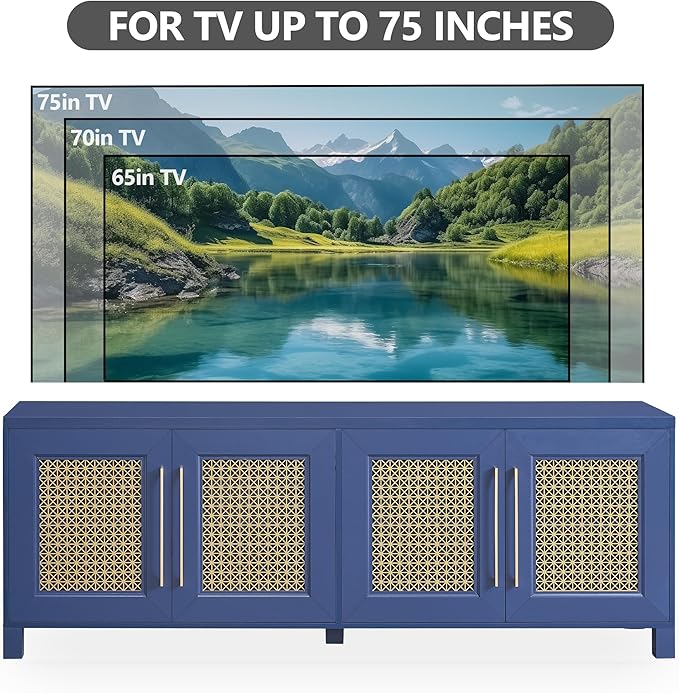 JYED Mid Century Modern TV Stand for TVs up to 75", 69.5" W Blue Entertainment Center with 4 Gold Metal Mesh Doors - Wood Grain MDF TV Console, Media Storage-Ruum Studio Home