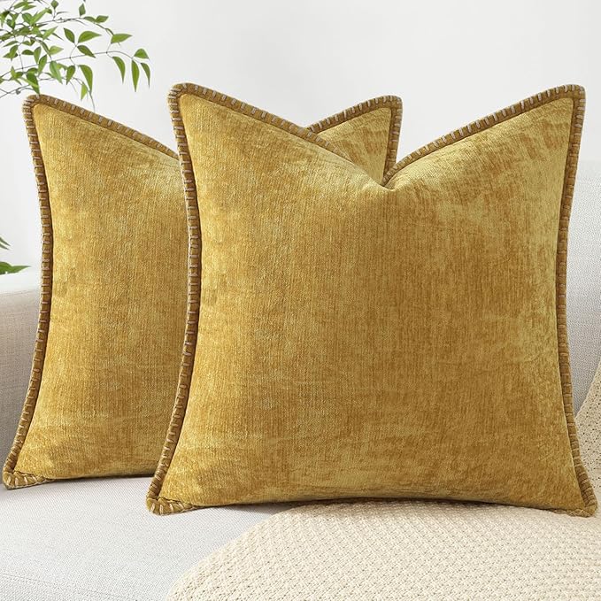 decorUhome Chenille Soft Throw Pillow Covers 22x22 Set of 2, Farmhouse Velvet Neutral Decorative Euro Pillow Covers with Stitched Edge for Couch Sofa Bed Home Decor, Mineral Yellow-Ruum Studio Home