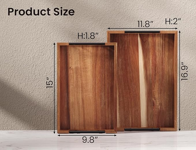 Acacia Wood Set of 2 Serving Tray with Metal Handles,Ottoman Decorative Trays Platter for Coffee Table,Living Room,Bar,Party-Ruum Studio Home