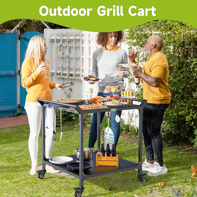 NUUK Grill Cart for Outdoor 32" x 32" Stainless Steel Pizza Oven Table with Double-Shelf Rolling BBQ Kitchen Food Prep Cart for Garden Patio-Ruum Studio Home