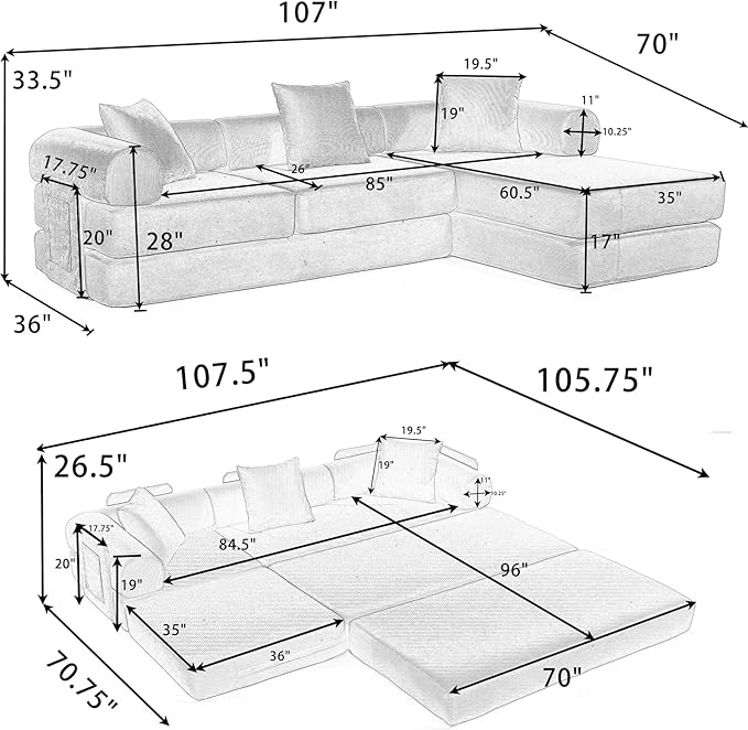 107" Oversized Convertible Sleeper Sofa Bed, Corduroy L Shape Sectional Couch, Folding Sofa Bed with Side Pocket, Modern Cloud Floor Mattress Couch,Modular Sofa for Living Room,Dark Blue-Ruum Studio Home