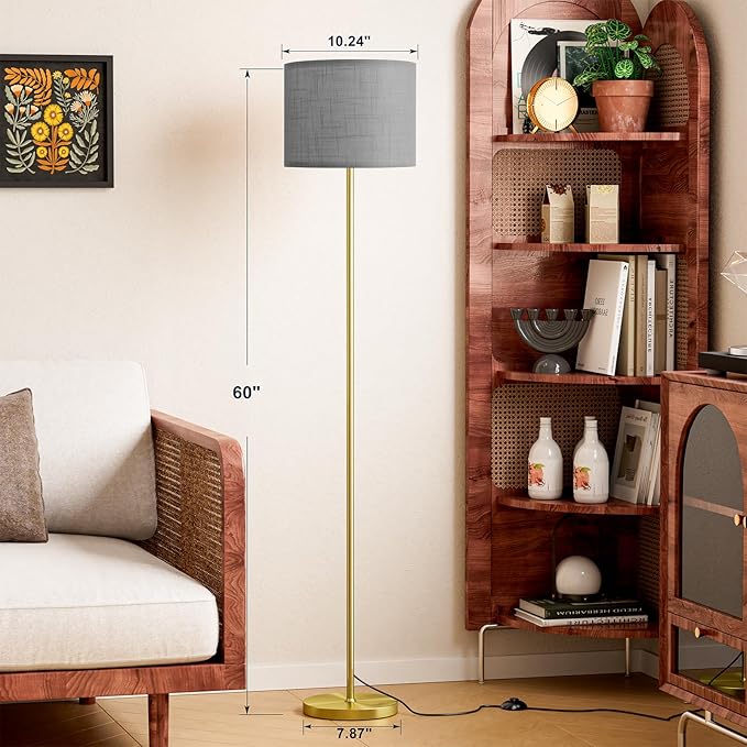 Ambimall 60'' Modern Floor Lamp with Shade, Tall Lamps for Living Room, Bedroom, Office, Dining Room, Linen Grey Shade with Brushed Gold Pole(Without Bulb)-Ruum Studio Home