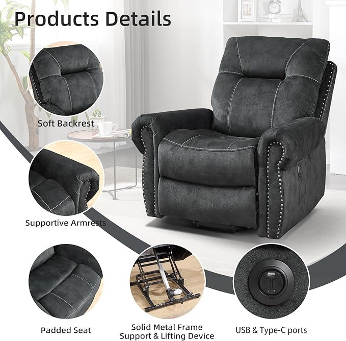 EBELLO Electric Power Recliner Chair with Massage and Heat, Soft Fabric Massage Recliner for Adults, Overstuffed Single Reclining Sofa, Vintage Rivet Mid-Century Design for Living Room, Grey-Ruum Studio Home