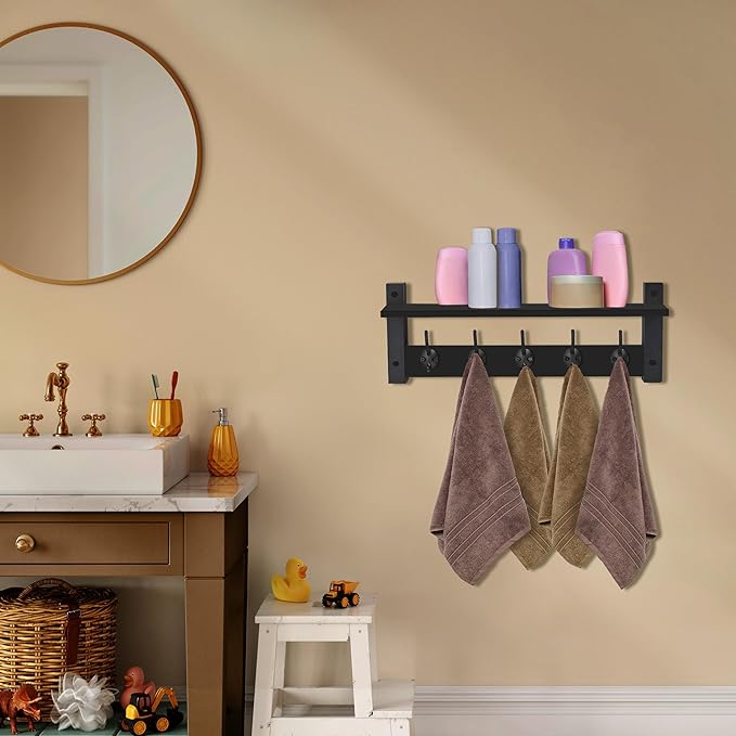 Sorbus Coat Hooks Wall Mount with Shelf – 24 Inch Coat Rack Wall Mount with 5 Heavy Duty Hooks – Floating Wall Shelf with Hooks for Entryway, Bathroom, Bedroom, Kitchen, or Mudroom (Black)-Ruum Studio Home