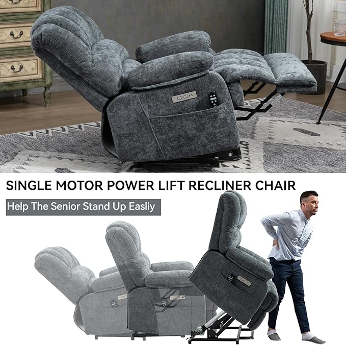 Power Lift Chair with Vibration Massage and Lumbar Heat for Elderly, Electric Recliner Chair Max 155° with Charging Ports, Blue Gray-Ruum Studio Home