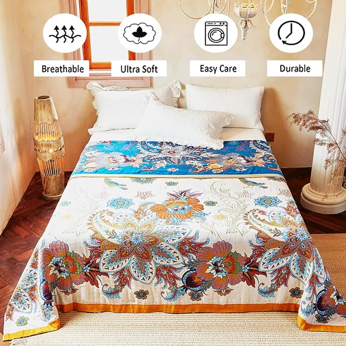Boho Throw Blanket, 100% Organic Cotton Breathable Ultra Soft Bed Quilt Throw - All Season Floral Bird Butterfly Farmhouse Decor Blanket for Sofa Couch Chair and Gift. 50" x 60"-Ruum Studio Home