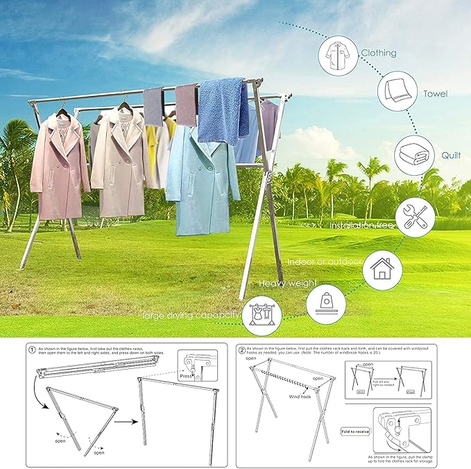 Clothes Drying Racks Outdoor, 95 Inches Updated Version,Stainless Steel Laundry Drying Rack for Indoor Outdoor and The Balcony,Length Adjustable Saves Space,with Windproof Hooks(003)-Ruum Studio Home