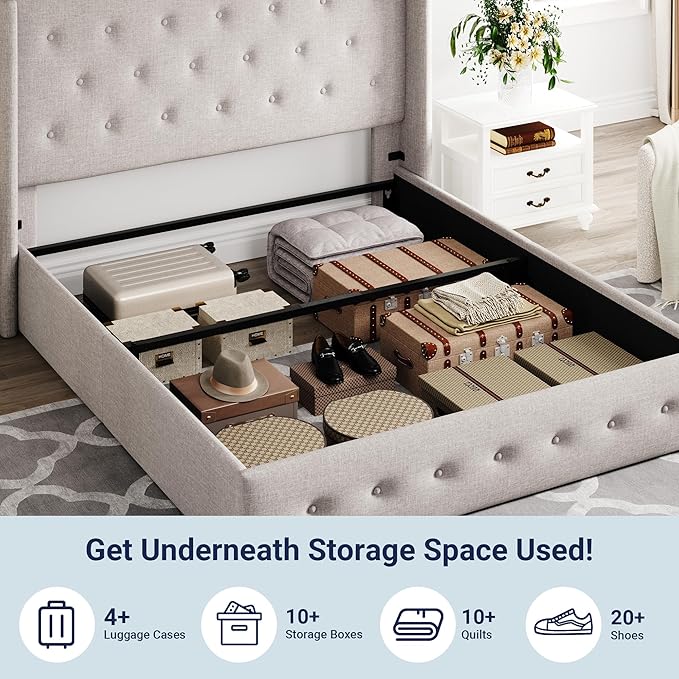 Allewie Queen Size Lift Up Storage Bed, Button Tufted Headboard with Wingback, Hydraulic Support, No Box Spring Needed, Light Beige-Ruum Studio Home