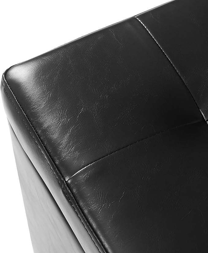 Adeco Faux Leather Storage Ottoman Bench with Solid Wood Legs, 17.7" Square Black PU Cube Foot Stool, Upholstered Button Tufted Vanity Chair with Hinged Lid for Living Room, Bedroom, Dorm-Ruum Studio Home