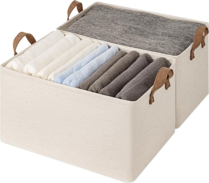StorageWorks Storage Bins, Shelves Baskets for Organizing, 45L Extra Large Fabric Closet Organizers with Handles, Metal Frame, Beige（Cotton-linen）, 2-Pack-Ruum Studio Home