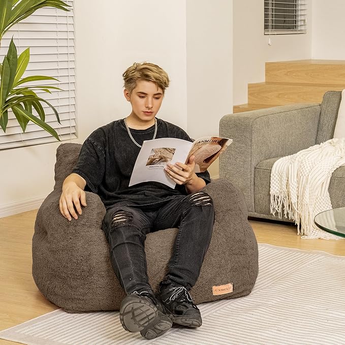 Bean Bag Chair with Filler, Bean Bag Sofa with Tufted Soft Stuffed Filling, Fluffy and Lazy Sofa, Comfy Cozy BeanBag Chairs with Memory Foam for Dorm, Apartment, Living Room (Brown)-Ruum Studio Home