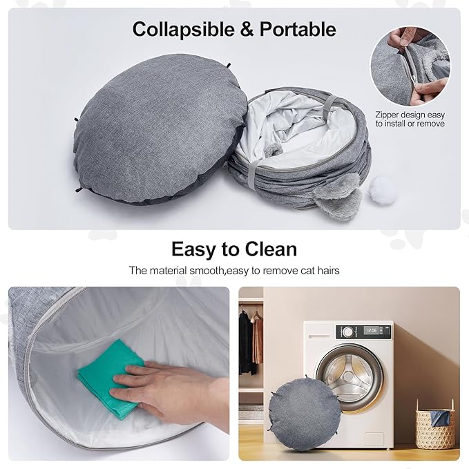 Odoland Summer Linen Cat Tunnels for Indoor Cats with Cooling Central Cat Bed, Interactive Cat Toys Detachable Soft Mat and Variety Kitty Toy Set Grey-Ruum Studio Home