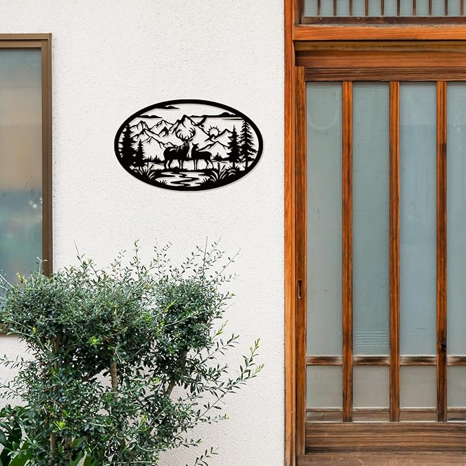 Rustic Metal Deer Cabin Sign, Christmas Gift for Living Room,Welcome Sign, Deer Outdoor Metal Wall Art, Great Gift for Hunters, Cabin Deco-Ruum Studio Home