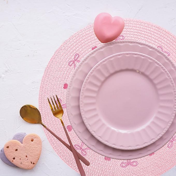Whaline 4Pcs Round Placemats Pink Bow Embroidered Place Mats Coquette Bow Dinner Table Mats for Home Wedding Baby Shower Birthday Party Decor-Ruum Studio Home