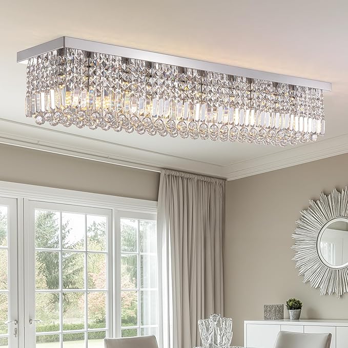 Luxury Lighting Fixture Chandelier Rectangular with Raindrop Crystals Pendant Light Fixture 10-Lights Modern Crystal Rectangle Flush Mount Chandelier for Living Room Dining Room Bar L47 Inch-Ruum Studio Home