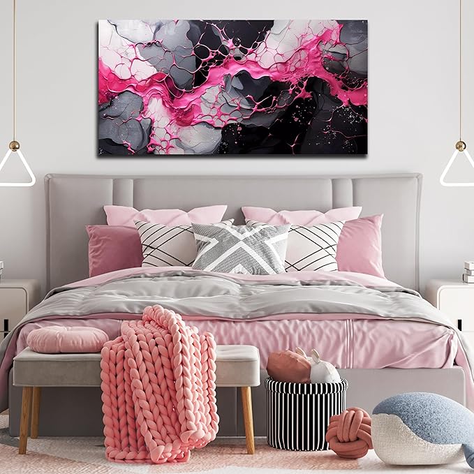 GUGIKA Abstract Wall Art for Living Room, Pink Canvas Wall Decor for Girls Bedroom Decor, Pigment Texture Print, Size 29x59 Inches-Ruum Studio Home